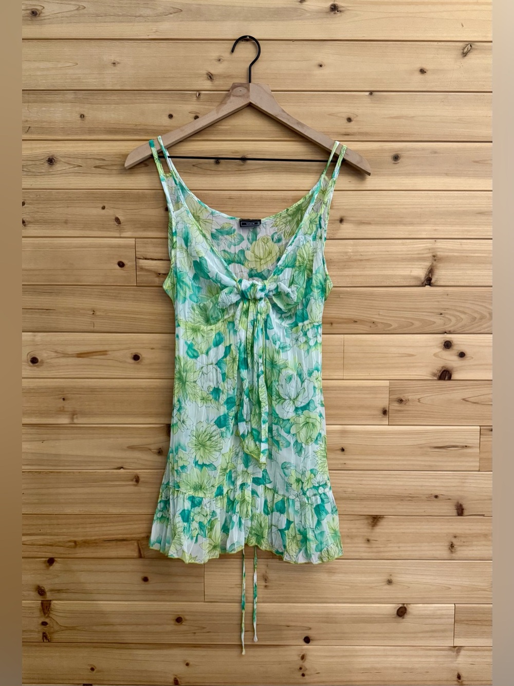 Y2K Medium Blue Green Watercolor Floral Babydoll Crinkle Tank Fairy Boho Whimsy